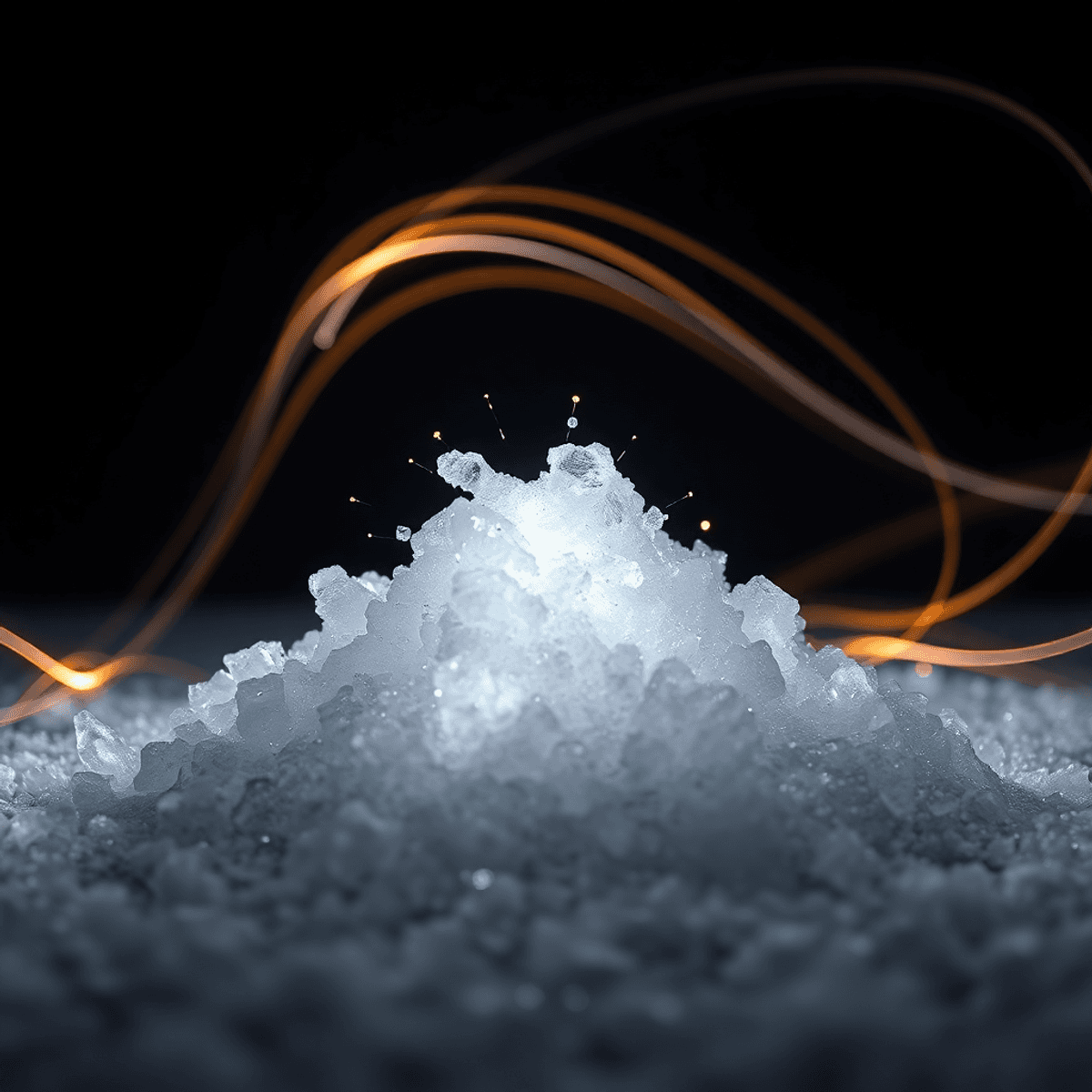 Close-up of a sparkling salt crystal mound with glowing light streaks swirling around it on a dark background.