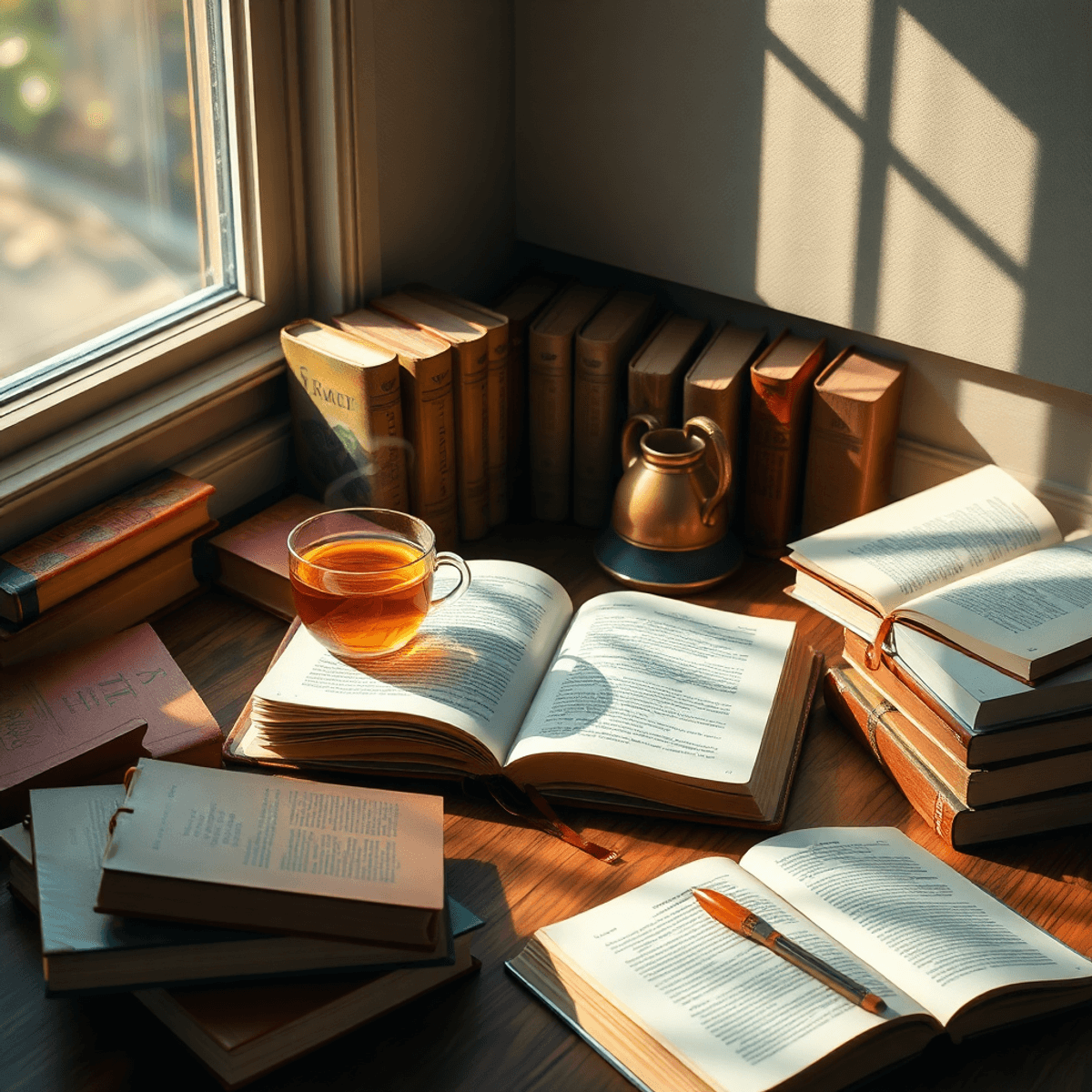Cozy reading nook with open journal, steaming tea cup, scattered books, and soft natural light creating a warm, inviting atmosphere.